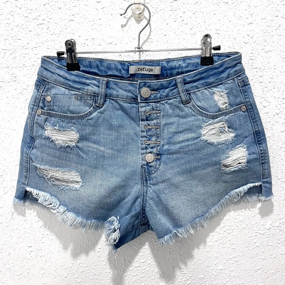 Refuge Blue destroyed / distressed high waist jean Shorts 8 - Picture 1 of 7